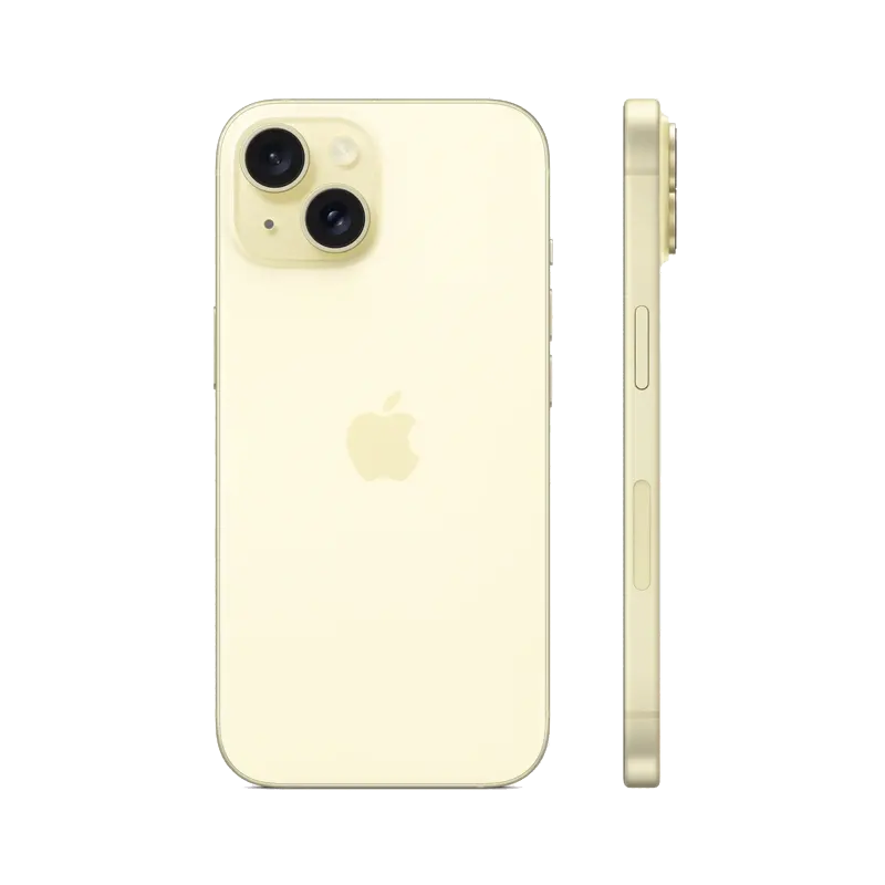 Front and back view of yellow iPhone 15 – 128GB model